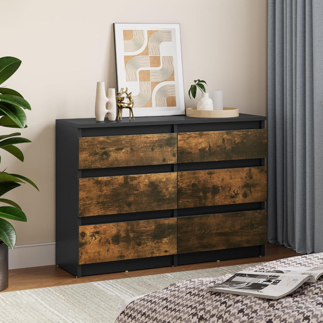 Sideboard in Schwarz und Braun mit 6 Schubladen