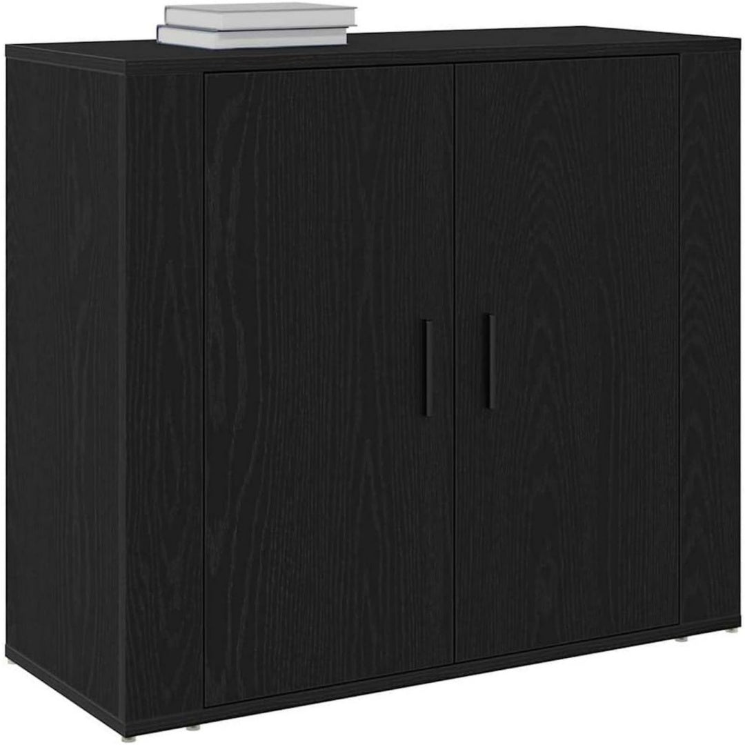 Sideboard mit matten Oberflaechen in Schwarz und Eichenbraun