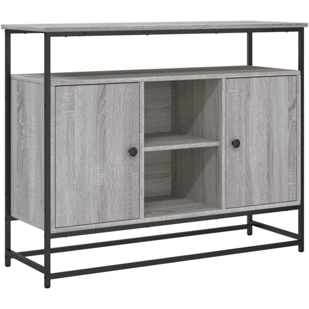 Geschlossener Stauraum praegt das Sideboard in Eichenbraun und Grau