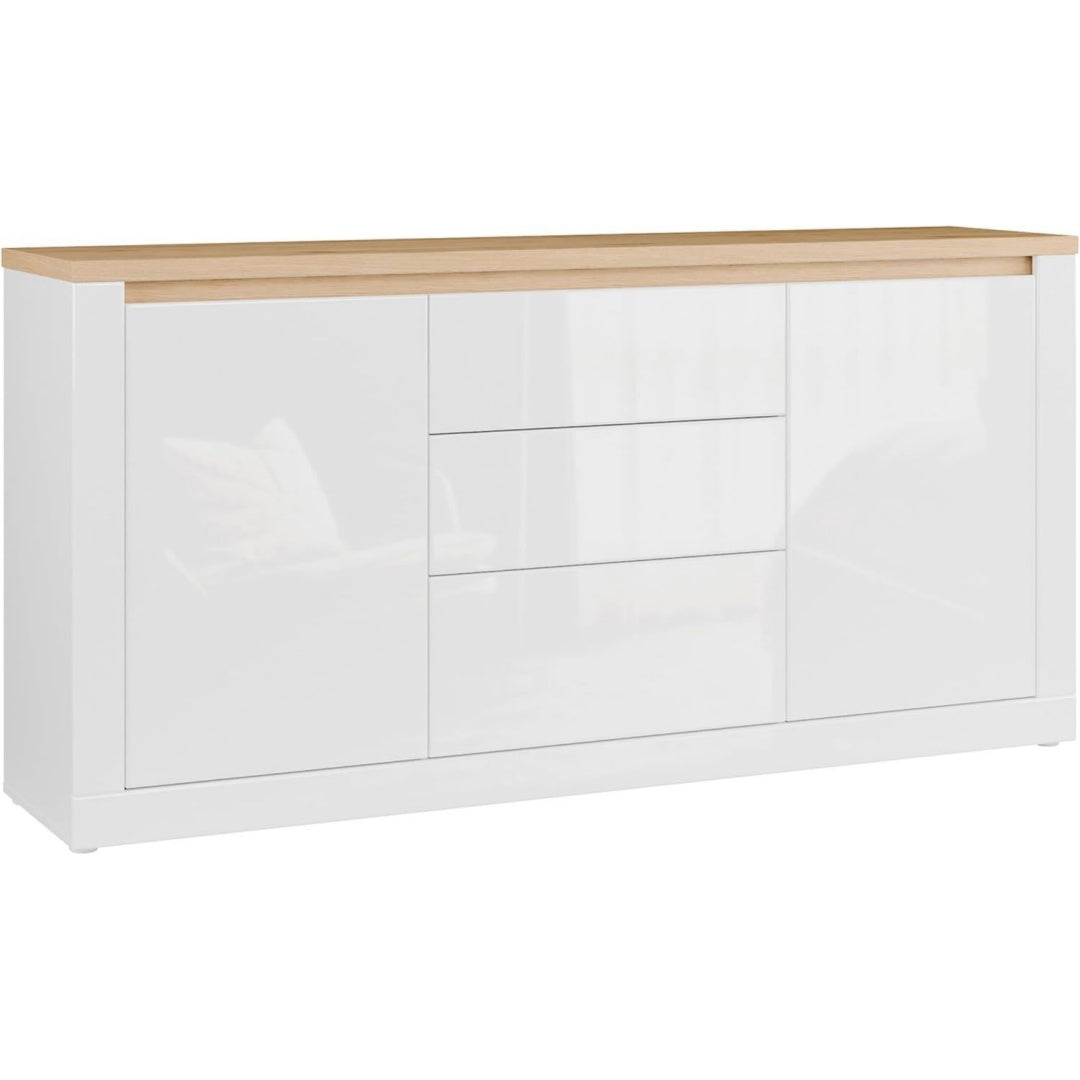 Holzoptik und glaenzende Oberflaechen bestimmen das Sideboard